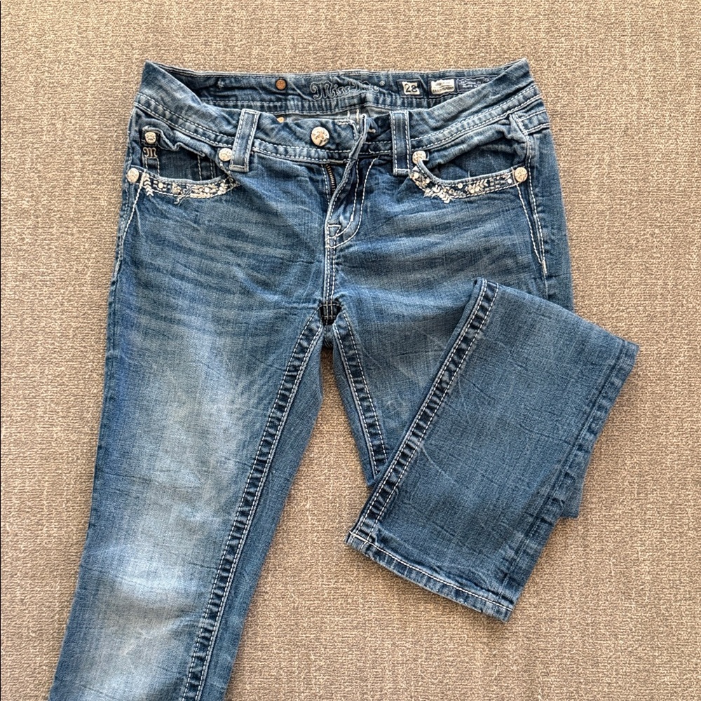 Miss Me Mid Rise Easy Straight Women's Blue Embellished Jeans